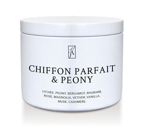 Candle Tin of 'Chiffon Parfait & Peony' with brand logo on a white background