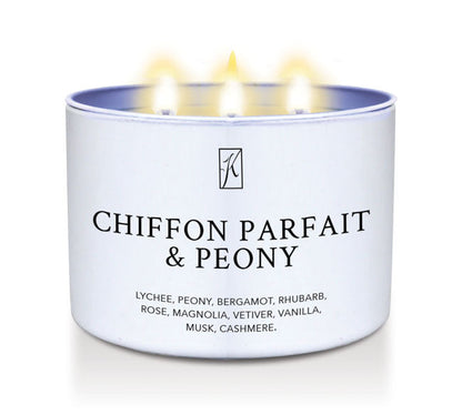 Candle in a white tin container labeled 'Chiffon Parfait & Peony' with a logo on a white background.