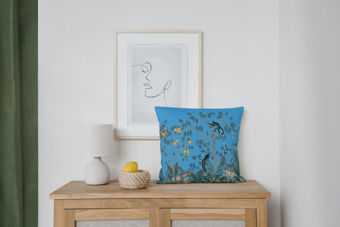 Chinoiserie Jungle Cotton Pillows Blue Monkeys