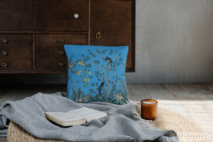 Chinoiserie Jungle Cotton Pillows Blue Monkeys
