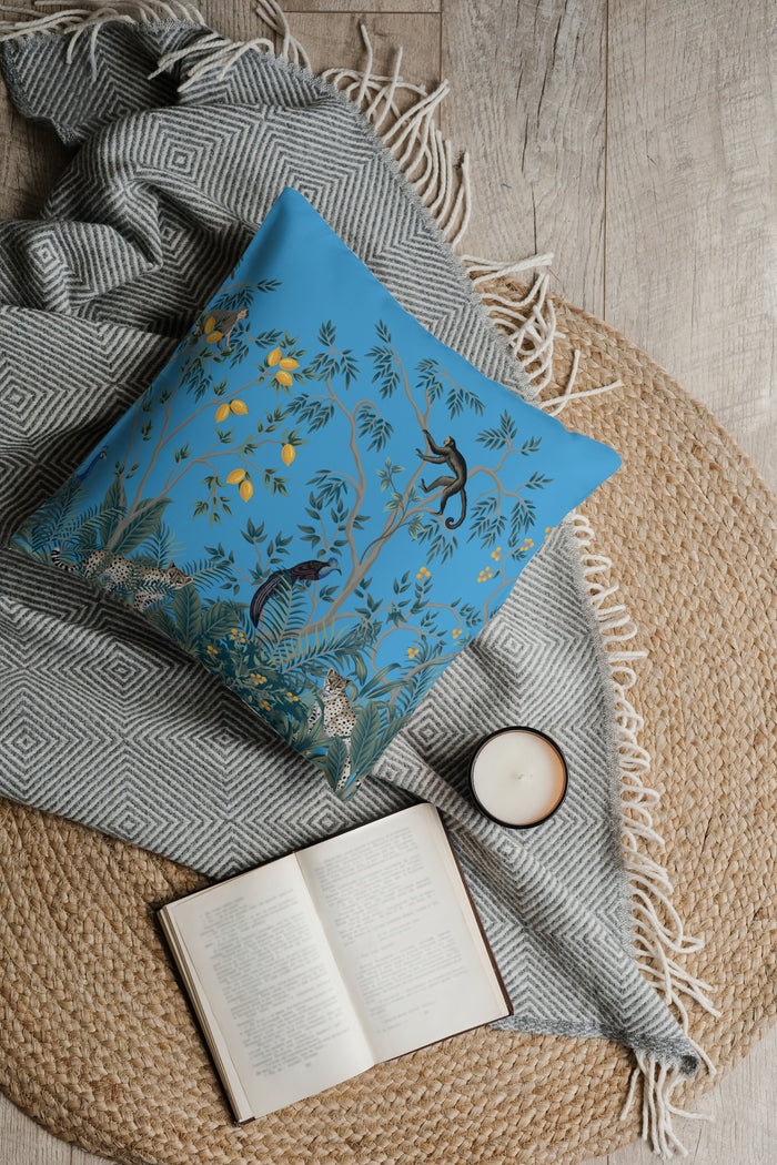 Chinoiserie Jungle Cotton Pillows Blue Monkeys
