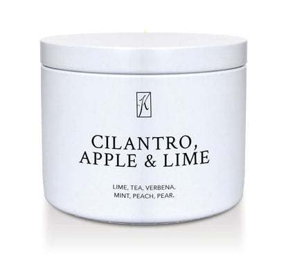 White tin container with text 'Cilantro, Apple & Lime' on a white background | Candle tin by Kringle Candle