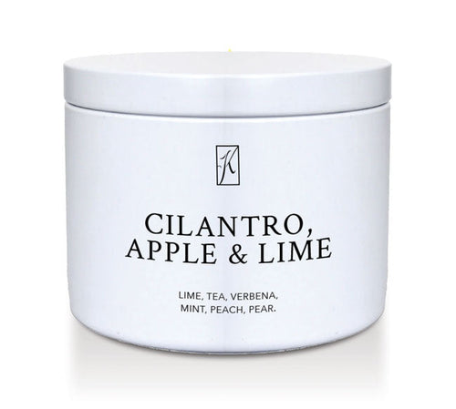 White tin container with text 'Cilantro, Apple & Lime' on a white background | Candle tin by Kringle Candle