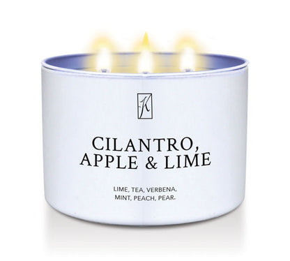 White Candle tin with 'K' Kringle Candle logo and 'Cilantro, Apple & Lime' text on a white background