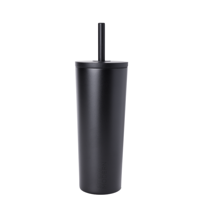 Matte black reusable cup with matching black straw on white background