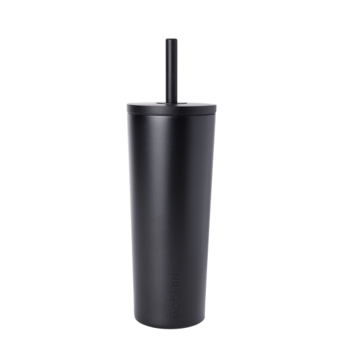 Matte black reusable cup with matching black straw on white background