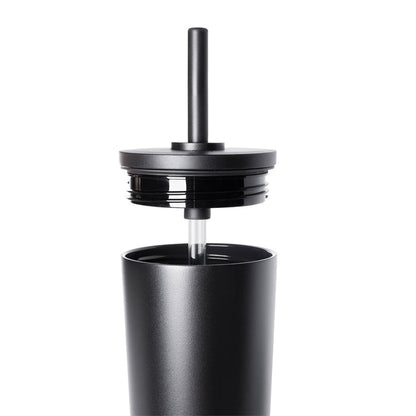 Matte black insulated drinkware with white lid shown against white background.