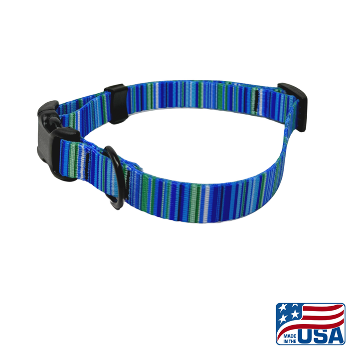 Blue striped dog collar with black hardware on a white background, featuring 'Made in the USA' label.