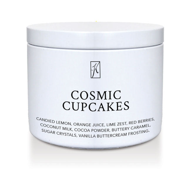 Candle Tin of 'Cosmic Cupcakes' Scented candle with a white background by Kringle Candle