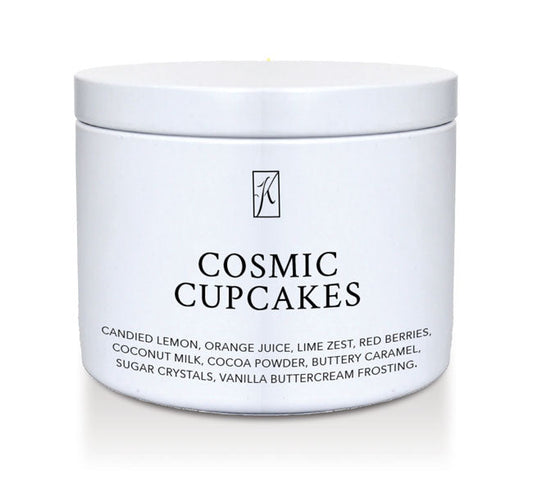 Candle Tin of 'Cosmic Cupcakes' Scented candle with a white background by Kringle Candle