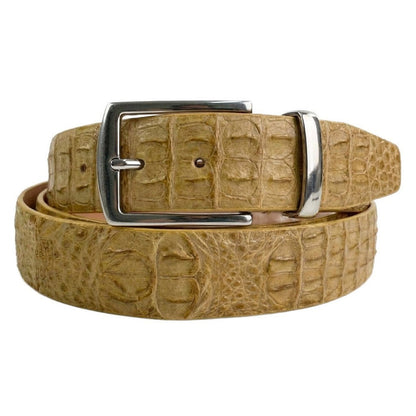Genuine crocodile skin belt in cream color featuring polished silver interchangeable buckle
