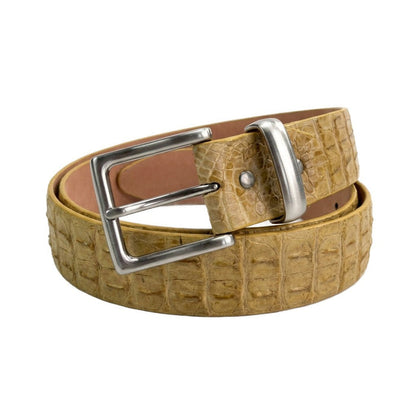 Handcrafted exotic crocodile leather belt showing natural scale texture and tan leather lining