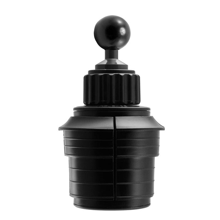 The Heavy-Duty Car Cup Holder Mounting Pedestal features a black cylindrical design with a ribbed texture and round cap, evoking a futuristic or industrial style reminiscent of high-end perfume bottles or device holders.