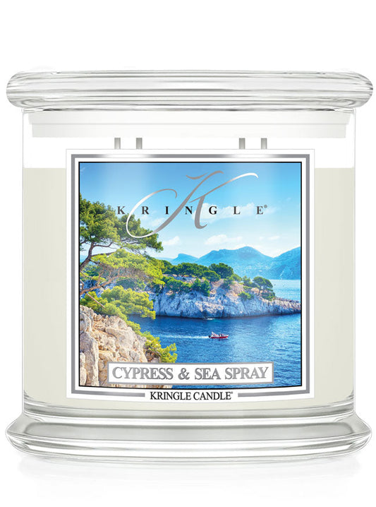 Kringle Candle Cypress & Seaspray with a scenic label on a white background