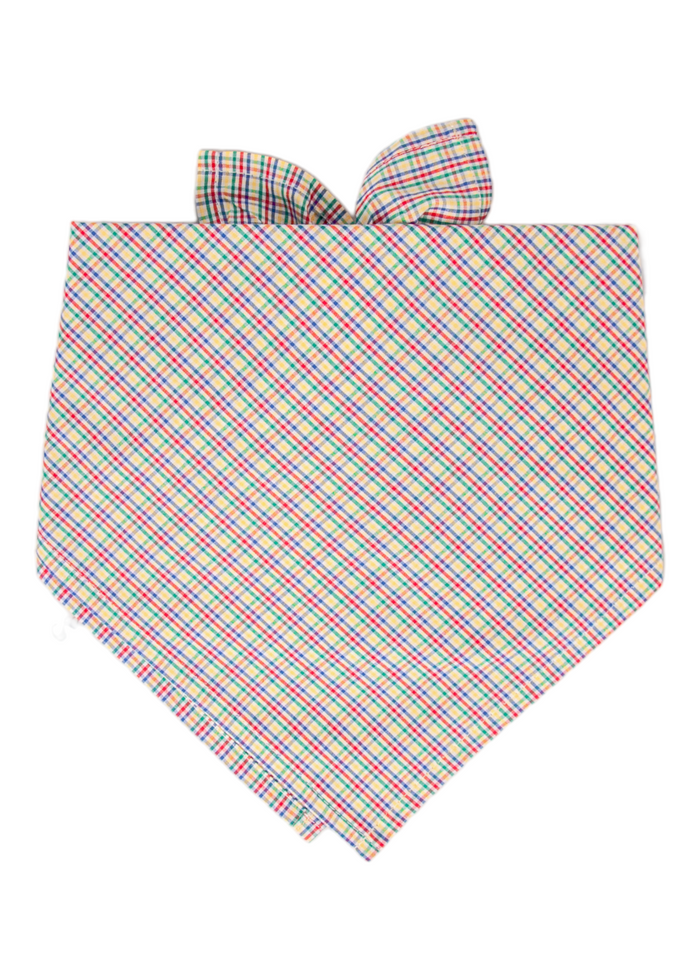 Close-up of a dog bandana with a colorful fall plaid pattern, folded into a triangle with the tip pointing down. A partial view of the tied ends is visible at the top, giving the fabric a secure and polished look.