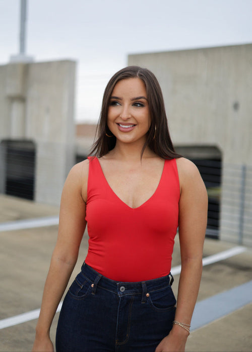 Daily Signature Knit V-Neck Bodysuit - Red