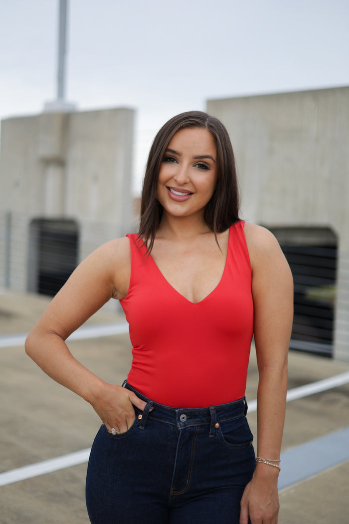 Daily Signature Knit V-Neck Bodysuit - Red