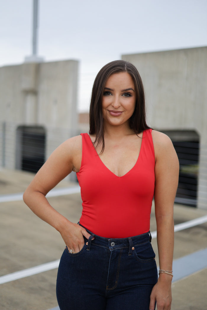 Daily Signature Knit V-Neck Bodysuit - Red