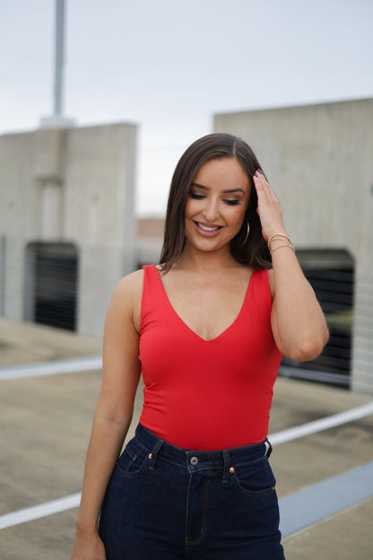 Daily Signature Knit V-Neck Bodysuit - Red