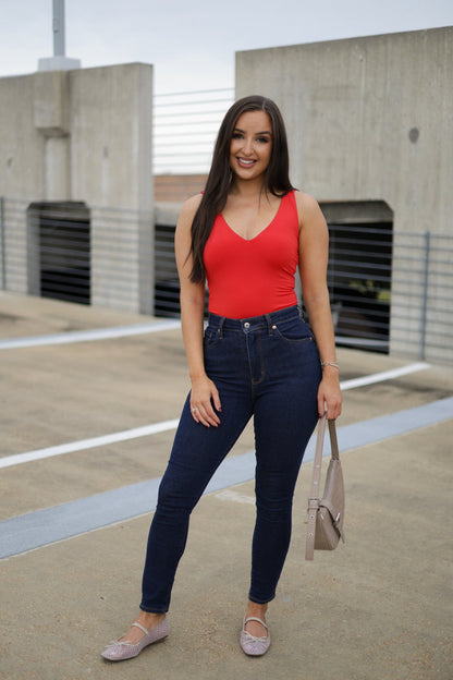 Daily Signature Knit V-Neck Bodysuit - Red