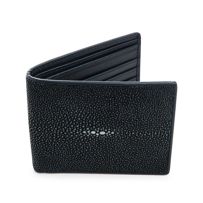 A polished dark blue genuine stingray billfold wallet, showing its smooth texture and distinctive white pearl mark.