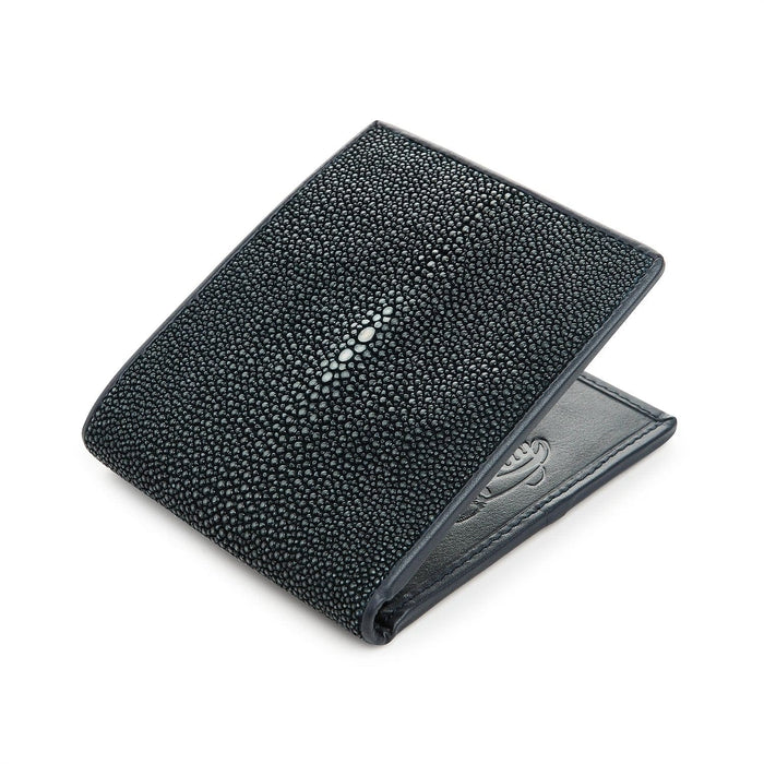 A premium men's wallet made from genuine, ethically sourced, and polished dark blue stingray leather.
