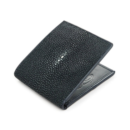 A premium men's wallet made from genuine, ethically sourced, and polished dark blue stingray leather.