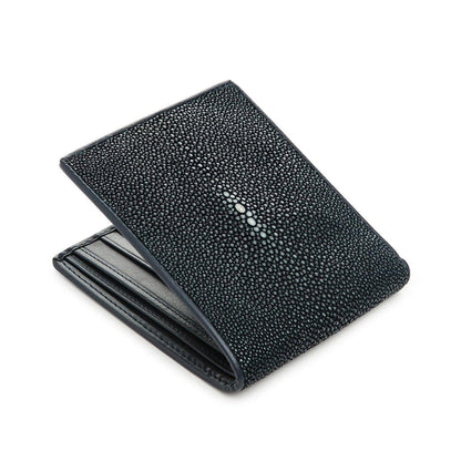 A meticulously handcrafted and polished navy blue stingray skin wallet with a classic bifold design for men.