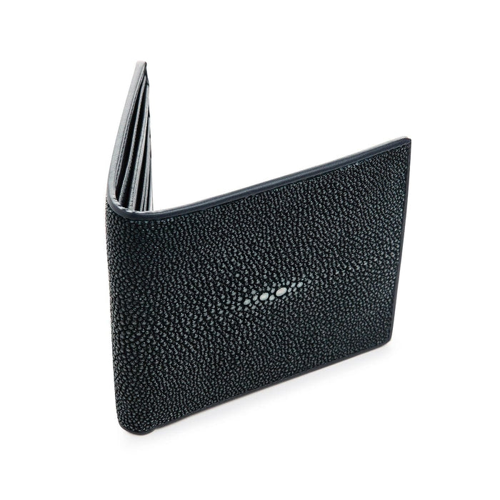 A luxury dark blue polished stingray billfold for men, a durable and stylish exotic leather accessory.