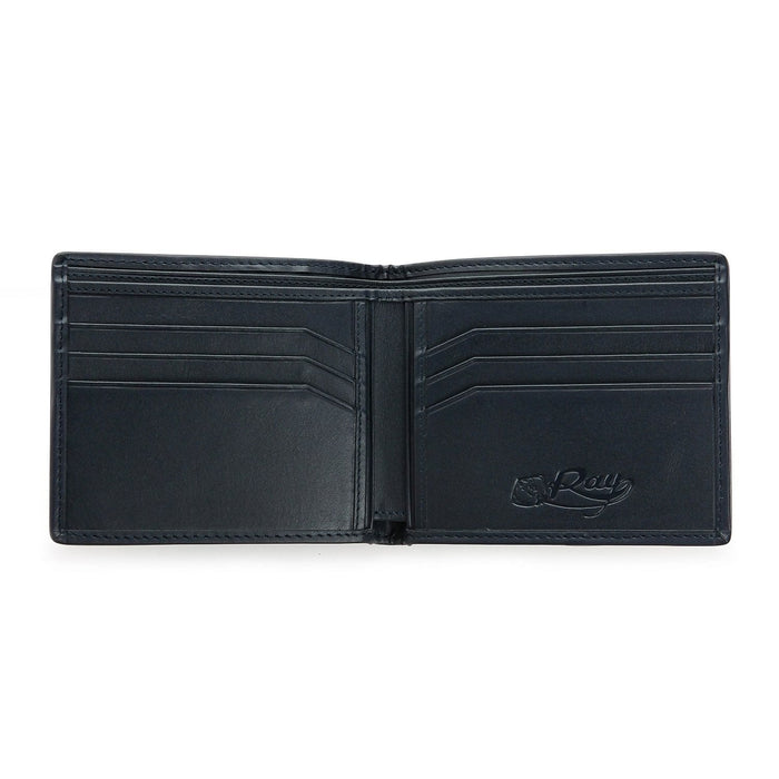 An open view of the dark blue polished stingray wallet, showing a glimpse of the interior black leather card slots.