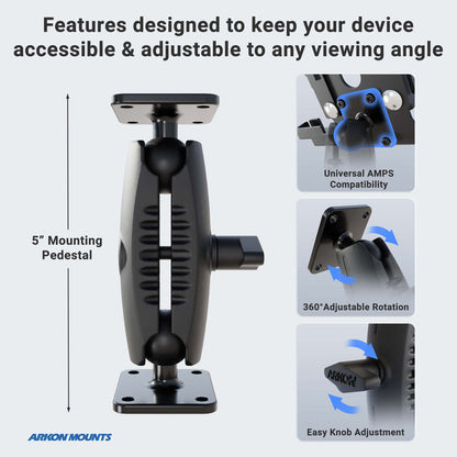 Close-up of the Drill-Base Mount with AMPS Mounting Pattern in black, highlighting its labeled features: secure drill-base mounting for devices, universal AMPS compatibility, 360° adjustable rotation, and easy knob adjustment. Arkon Mounts logo appears at the bottom left.
