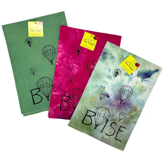 Dyed Balloons Over Boise Tea Towel, Hand drawn and Screen Printed flour sack towel