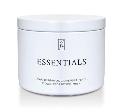 'Essentials' scented candle in a white limited edition candle tin with a Kringle Candle logo on a white background