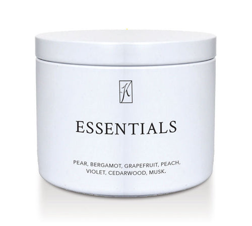 'Essentials' scented candle in a white limited edition candle tin with a Kringle Candle logo on a white background