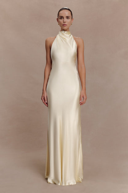 Esther Iridescent Satin Cowl Maxi Dress - Lemon Sorbet