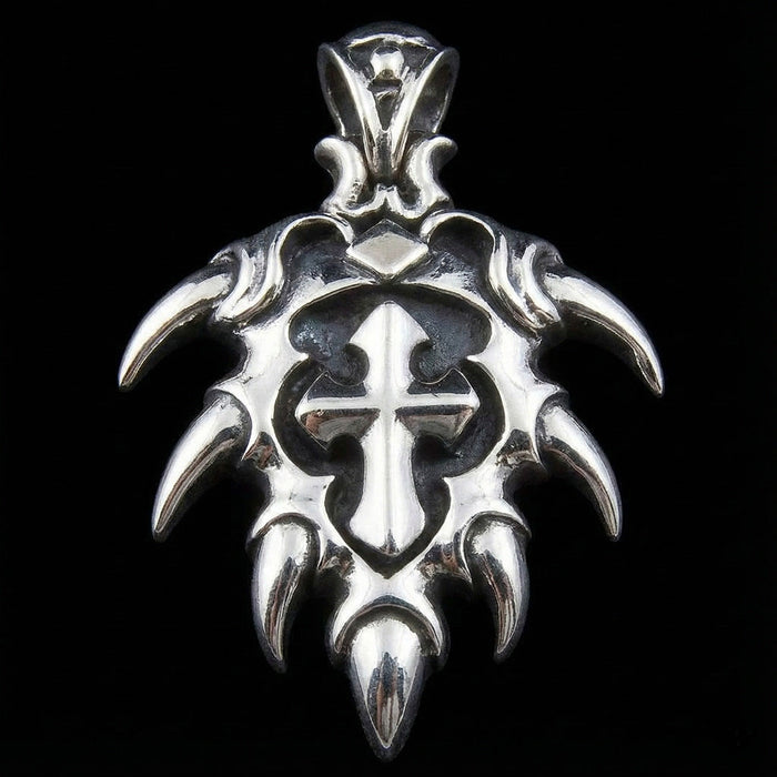 Front view of 925 sterling silver cross pendant with sharp tribal spikes