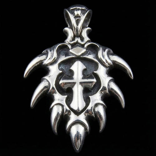 Front view of 925 sterling silver cross pendant with sharp tribal spikes