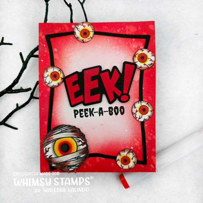 A handmade red Halloween card featuring a red comic-style border with the text 'EEK! PEEK-A-BOO' in bold black and red letters and surrounding eyeballs.