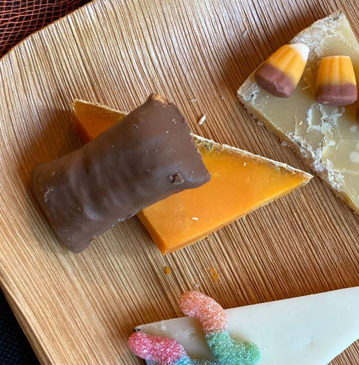 upclose image of cheese paired with halloween candy
