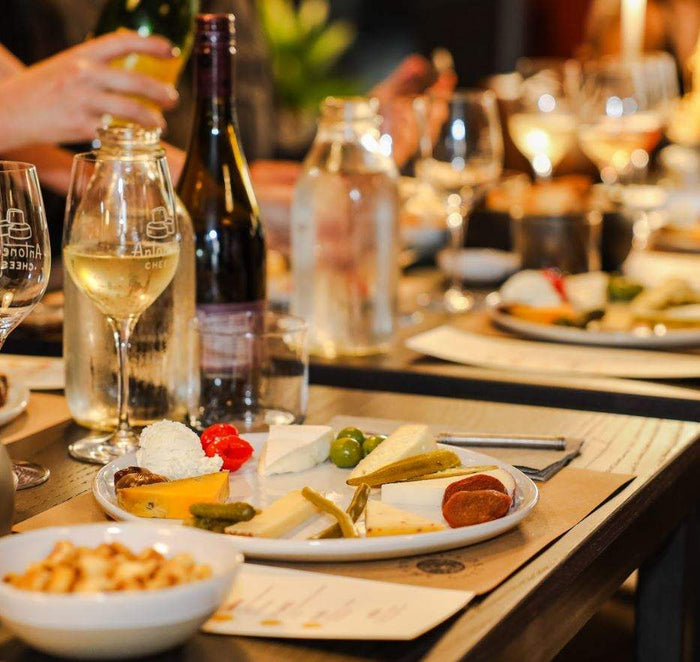 Cheese tasting event with wine pairings at Thinkery Austin's South Lamar location.