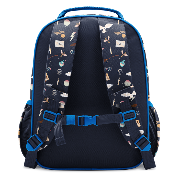 Bright blue and dark navy backpack with blue outer shell, straps, trim and accents, navy interior
