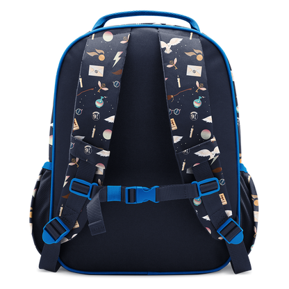 Bright blue and dark navy backpack with blue outer shell, straps, trim and accents, navy interior