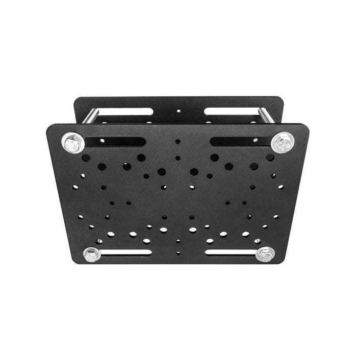 The Forklift Overhead Guard Mount is a black metal bracket with multiple holes and four corner screws, seen from the front. Heavy-duty steel plates form the mount, with two parallel rods at the top for added support.