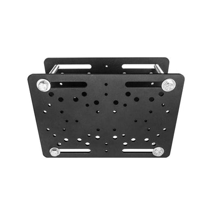 The Forklift Overhead Guard Mount is a black metal bracket with multiple holes and four corner screws, seen from the front. Heavy-duty steel plates form the mount, with two parallel rods at the top for added support.