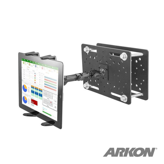 The Forklift Slim-Grip® Tablet Mount features an adjustable arm and sturdy metal plate holding a tablet with charts, making it an ideal warehouse tablet holder. The ARKON logo appears in the bottom right corner.