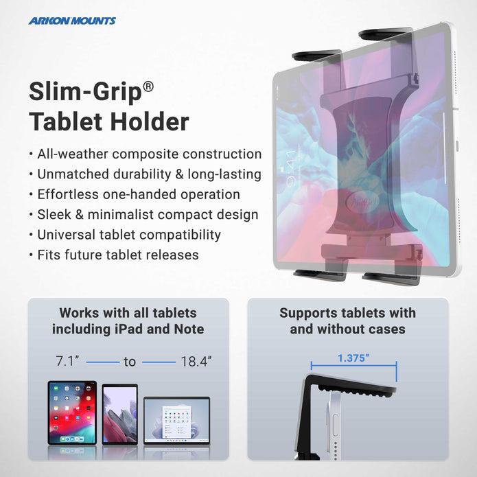 The Forklift Slim-Grip® Tablet Mount features a durable composite build and one-handed operation. Adjustable to fit tablets 7.1–18.4 inches, with or without a case, its an ideal rugged solution for securely mounting tablets on forklifts.