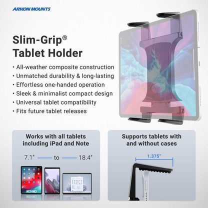 The Forklift Slim-Grip® Tablet Mount features a durable composite build and one-handed operation. Adjustable to fit tablets 7.1–18.4 inches, with or without a case, its an ideal rugged solution for securely mounting tablets on forklifts.