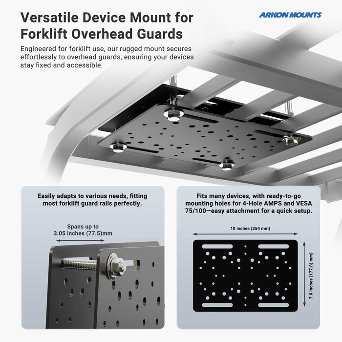The Forklift Slim-Grip® Tablet Mount attaches to a forklifts overhead guard, featuring an adjustable design with multiple mounting holes for flexible installation, and is compatible with various tablet sizes.