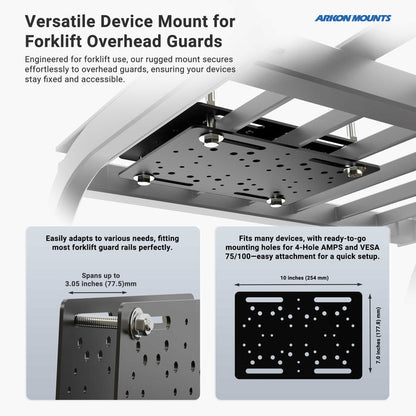 The Forklift Slim-Grip® Tablet Mount attaches to a forklifts overhead guard, featuring an adjustable design with multiple mounting holes for flexible installation, and is compatible with various tablet sizes.