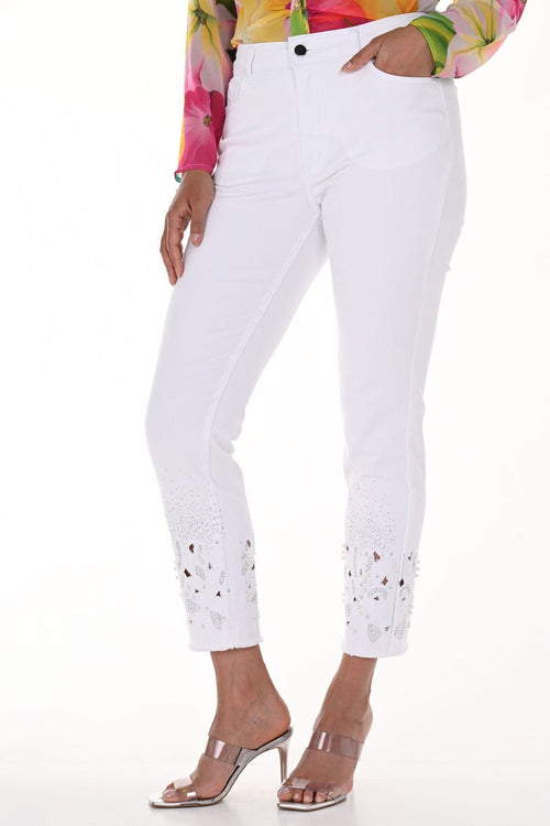 Frank Lyman 246212U White Crystal Hem Ankle Grazer Jeans - Dotique - Frank Lyman